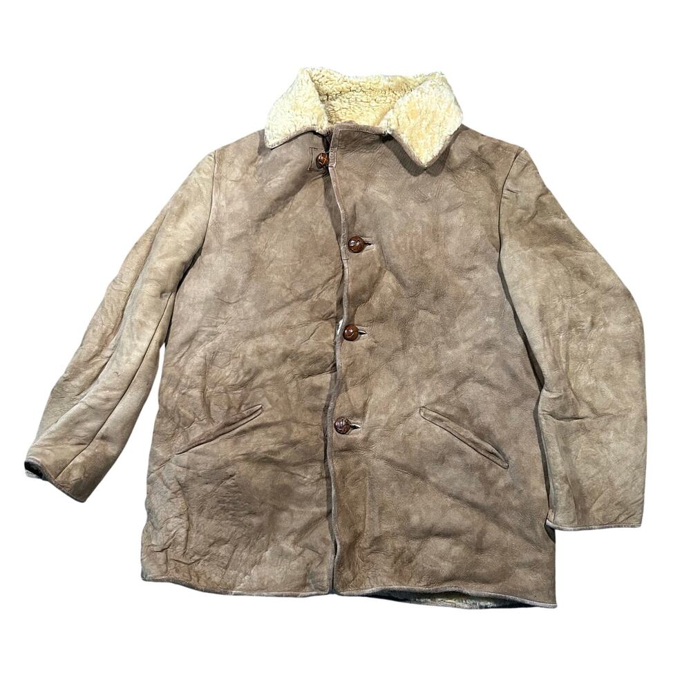 Vintage Shearling Sheepskin Coat 46 Brown Suede Sherpa Button Front Jacket